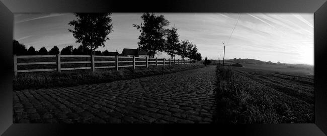 paving sett road in autumnal sunlight in black and white Framed Print by youri Mahieu