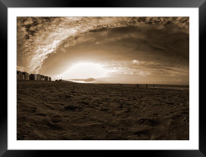 autmunal sunset on beach in sepia Framed Mounted Print by youri Mahieu
