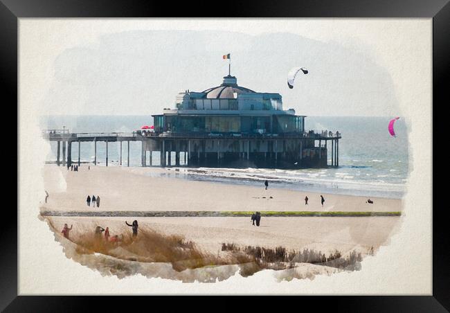 Watercolor of jetty of Blankenberge Framed Print by youri Mahieu
