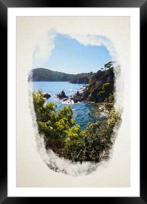 Coastal Beauty: Majestic Mountains, Clear Skies, and Tranquil Water in watercolor Framed Mounted Print by youri Mahieu