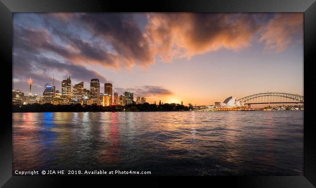 Sydney city skyline into the night Framed Print by JIA HE