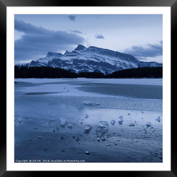Two Jake Lake in winter Framed Mounted Print by JIA HE