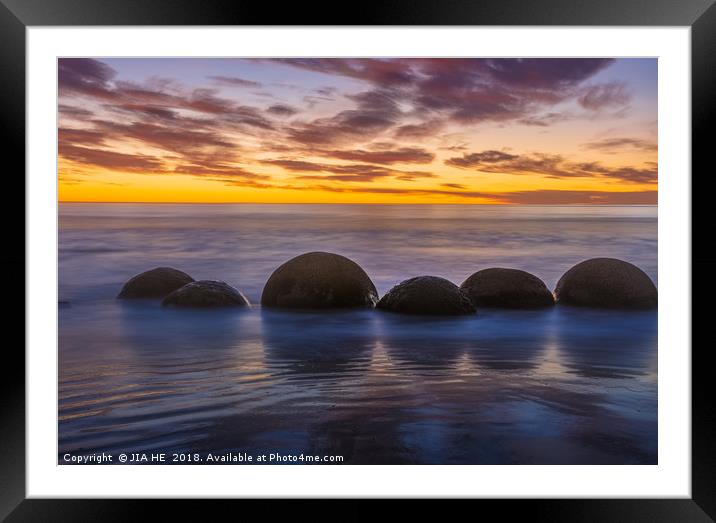 Moeraki Rocks Framed Mounted Print by JIA HE