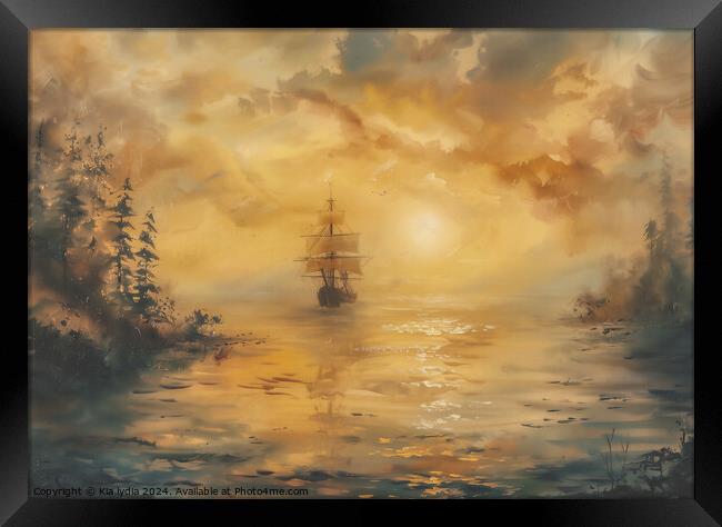 Galleon at sunset Framed Print by Kia lydia