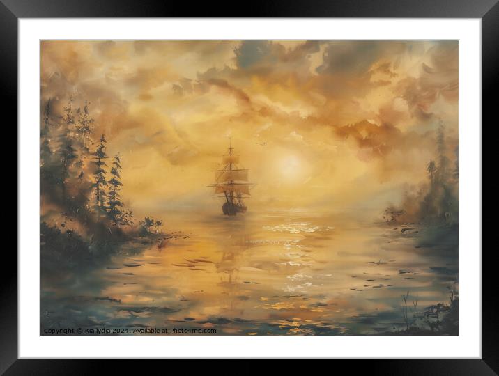 Galleon at sunset Framed Mounted Print by Kia lydia