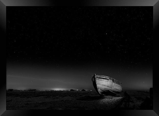 Midnight Boat at dungeness Framed Print by Kia lydia