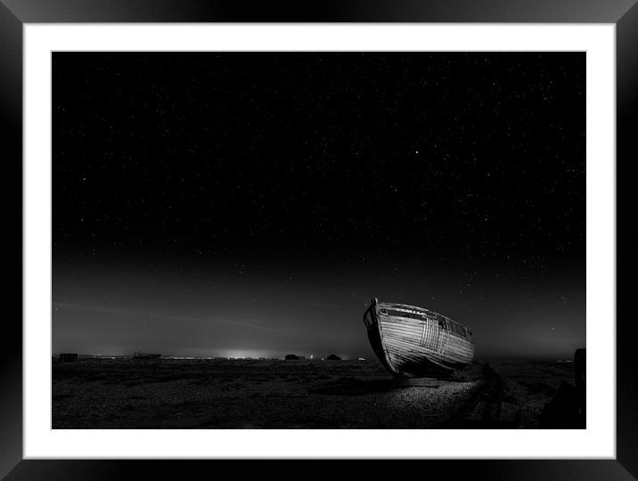 Midnight Boat at dungeness Framed Mounted Print by Kia lydia