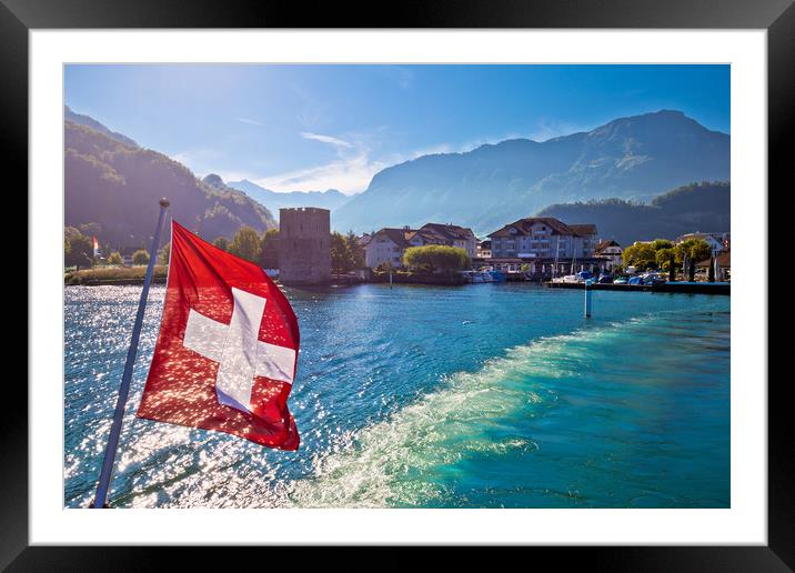 Lake Luzern boat flowing from Stansstad village  Framed Mounted Print by Dalibor Brlek