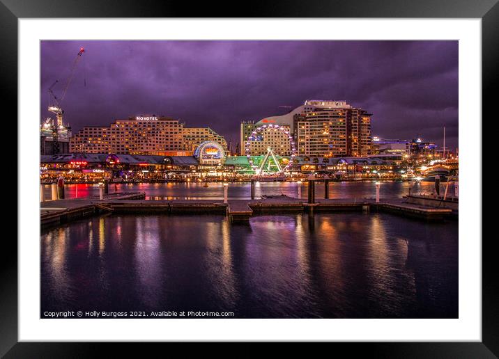 Australia,Darling Harbour at night, the lights of the amusement park in the back ground  Framed Mounted Print by Holly Burgess