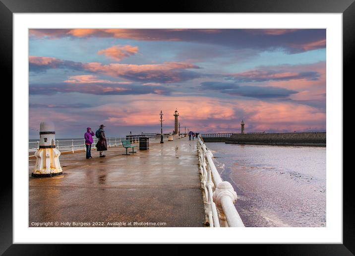 Whitby Pier a wet day with a beautiful sunset after wards  Framed Mounted Print by Holly Burgess