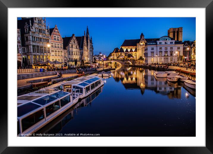Ghent at night on two rivers that join Leie & Scheldt Rivers  Framed Mounted Print by Holly Burgess
