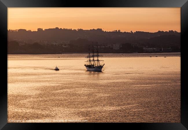 Gallon sailing in to the sunrise at the port of La Coruna  Framed Print by Holly Burgess