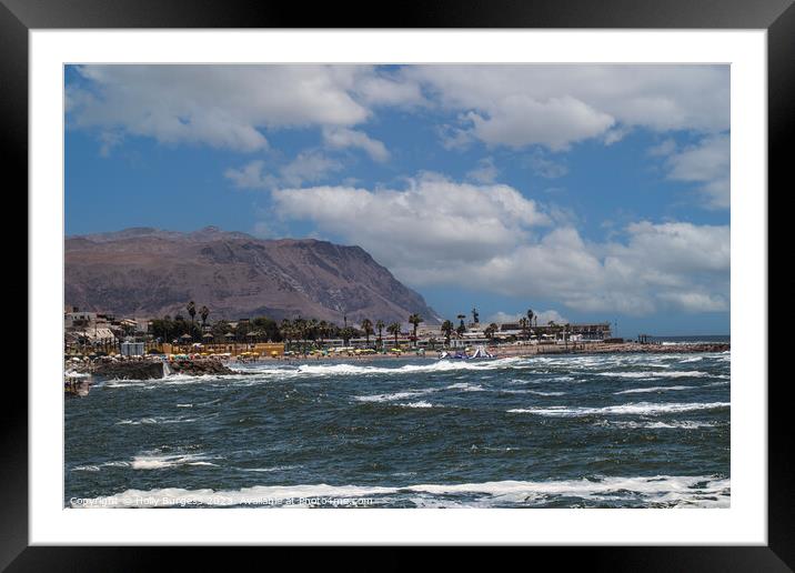 Land sea scape Arica mountions in the back ground over looking the sea  Framed Mounted Print by Holly Burgess