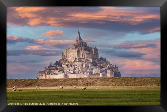 Le Mount-Saint-Michel, France, Normandy Sunsetting monastery  Framed Print by Holly Burgess