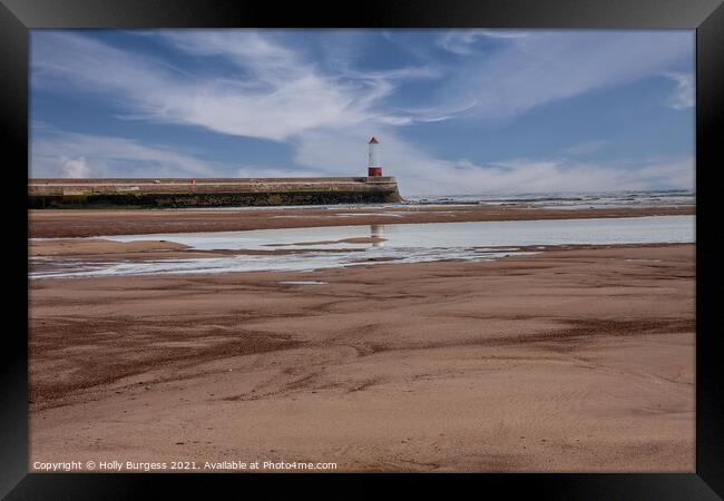 Spittal Beach light house with blue sky Northumberland  Framed Print by Holly Burgess