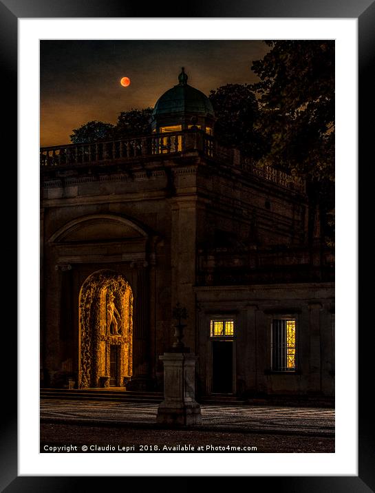 Red Moon with Statue. Vision of the red moon night Framed Mounted Print by Claudio Lepri