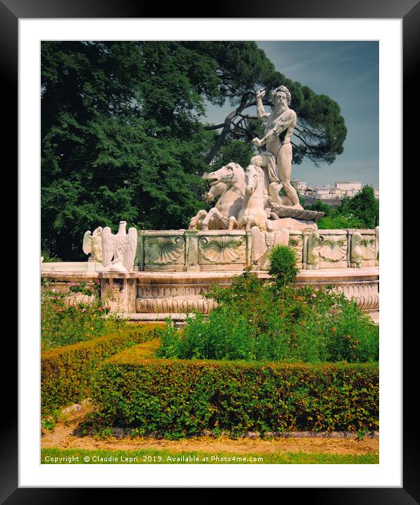 The Fountain of Neptune - Tree background Framed Mounted Print by Claudio Lepri