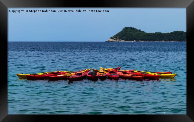 Red and yellow kayaks in Lopud Bay, Croatia Framed Print by Stephen Robinson