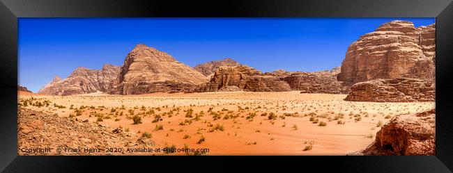 Rock desert panorama in Wadi Rum Framed Print by Frank Heinz