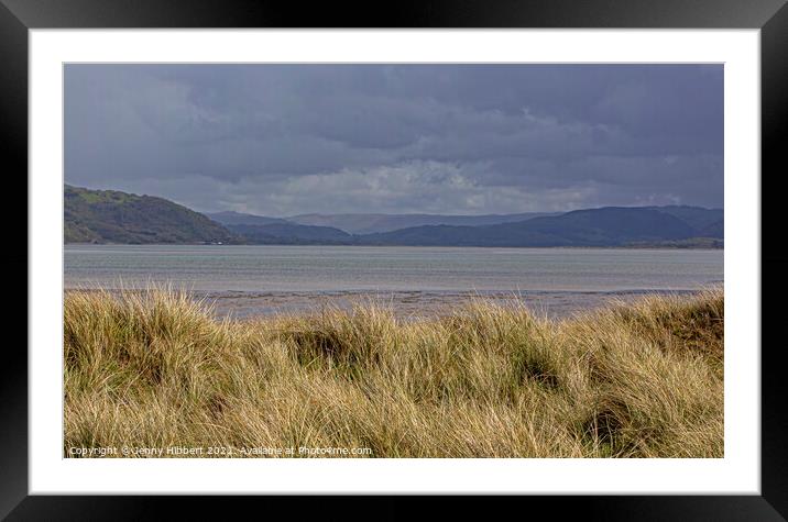 Marram grass sand dune looking across the river Dyfi towards the Cambrian mountains Framed Mounted Print by Jenny Hibbert