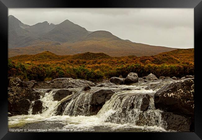 Sligachan river going over a weir Isle of Skye Framed Print by Jenny Hibbert
