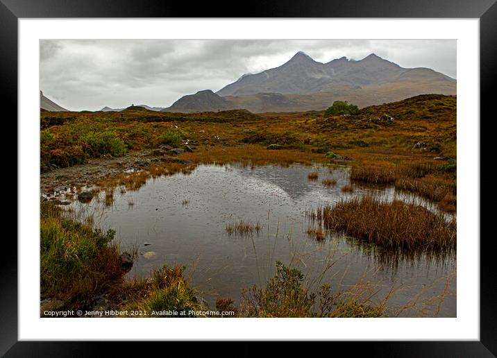 Pond next to Sligachan bridge with the Cuillin mountains in the distance Framed Mounted Print by Jenny Hibbert