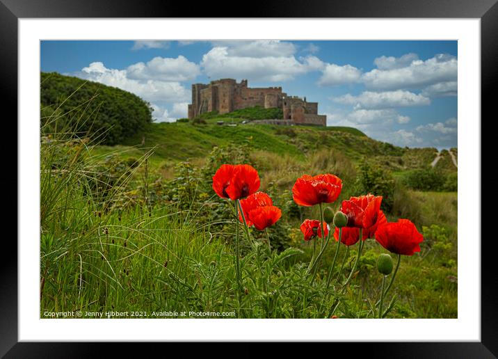 Bamburgh castle in the summer with the poppies Framed Mounted Print by Jenny Hibbert