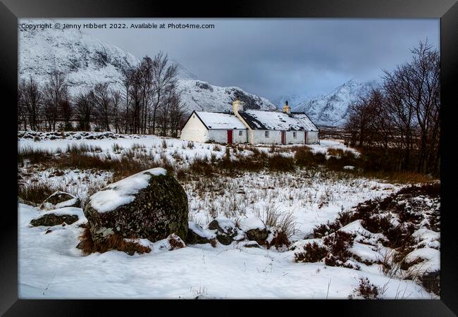 Winter at Black Rock Cottage Glencoe Framed Print by Jenny Hibbert