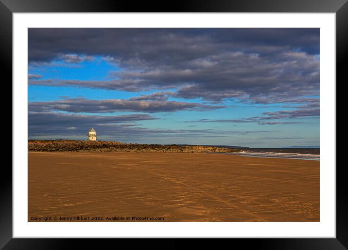 Newton beach looking back at small lighthouse Framed Mounted Print by Jenny Hibbert