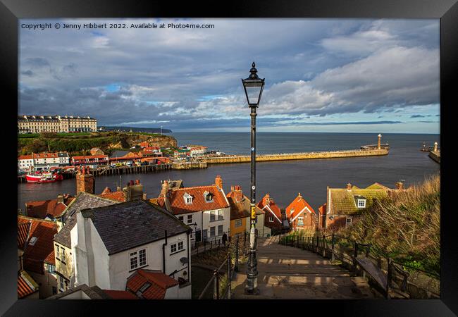 View of Whitby Old town & harbour Framed Print by Jenny Hibbert