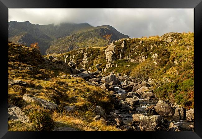 View of the mountains at Cwm Idwal, Snowdonia Framed Print by Jenny Hibbert