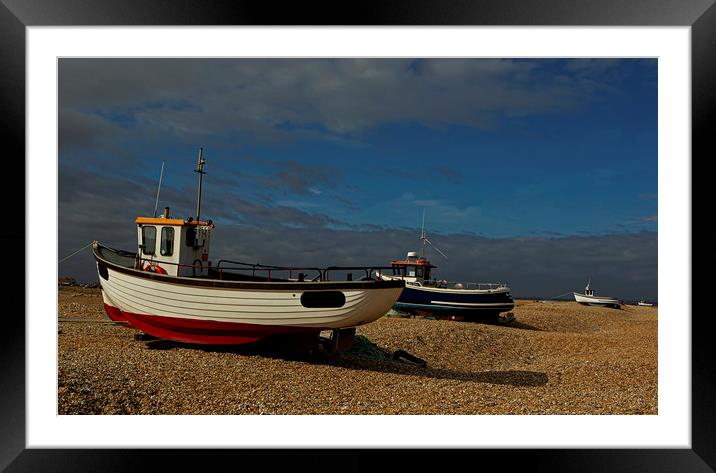 Boats moored on Dungeness beach Framed Mounted Print by Jenny Hibbert