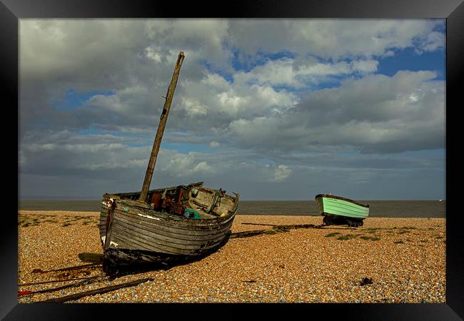 Old and Modern boats on Dungeness beach Framed Print by Jenny Hibbert