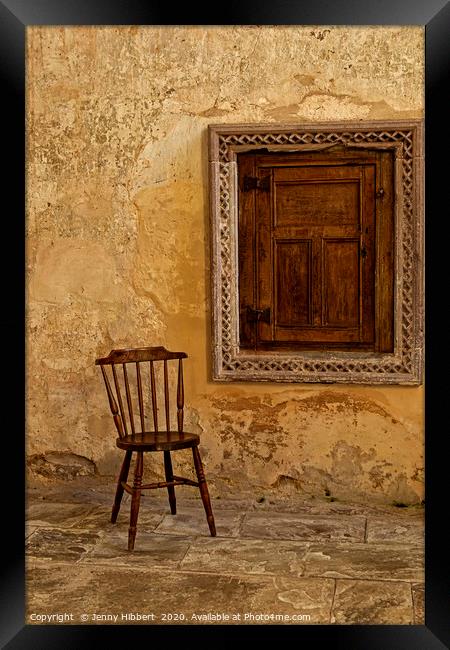 Chair and little door in Abbey Dore Framed Print by Jenny Hibbert