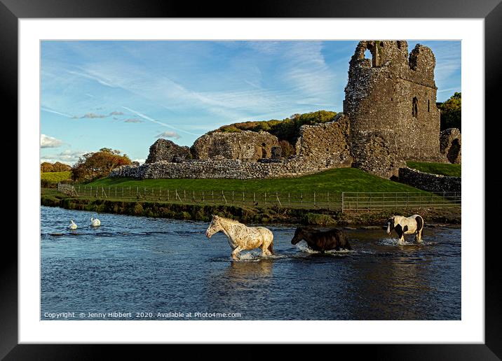 Horses crossing river at Ogmore Castle Framed Mounted Print by Jenny Hibbert