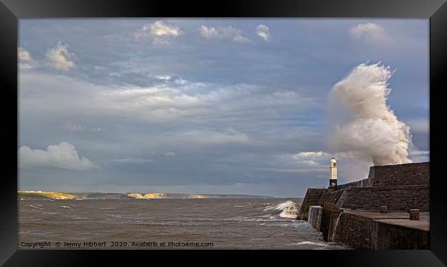 Storm Ellen hitting Porthcawl lighthouse Framed Print by Jenny Hibbert