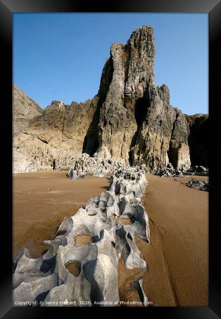 Mewslade Bay Gower showing the rocky beach Framed Print by Jenny Hibbert