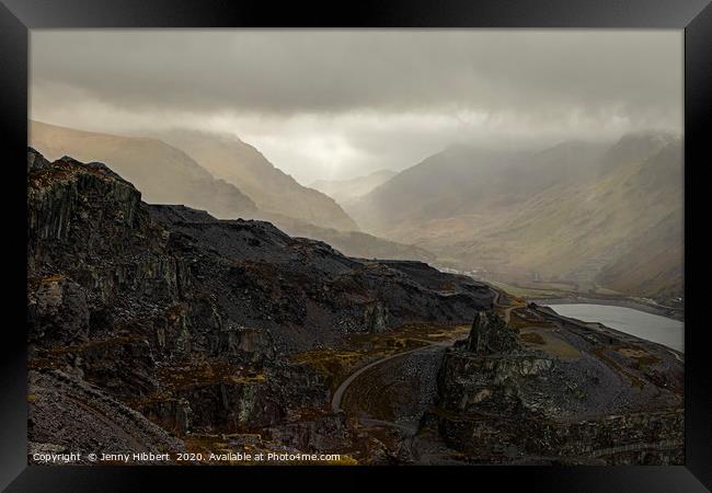Looking down at Dinorwic Slate Quarry on a misty m Framed Print by Jenny Hibbert