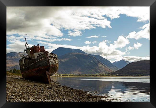 Corpach with  Old boat and Ben Nevis  Framed Print by Jenny Hibbert