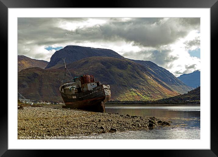 Ben Nevis over looking Corpach and abandoned old boat Framed Mounted Print by Jenny Hibbert