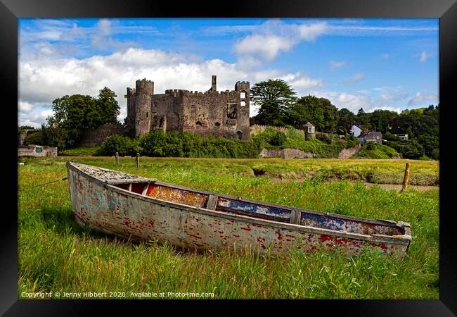 Laugharne Castle with an abandoned boat in the foreground Framed Print by Jenny Hibbert