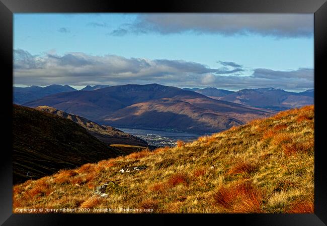 Looking across the hills and lochs of Lochabar from Aonach Mor Framed Print by Jenny Hibbert