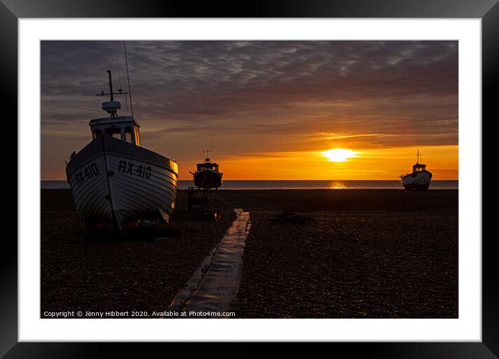 Three old boats on Dungeness beach as dawn rises Framed Mounted Print by Jenny Hibbert