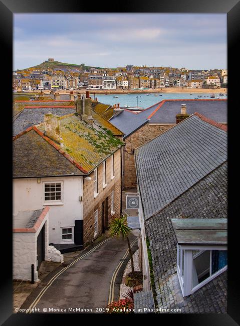 Over the Roof Tops to St Ives Harbour  Framed Print by Monica McMahon