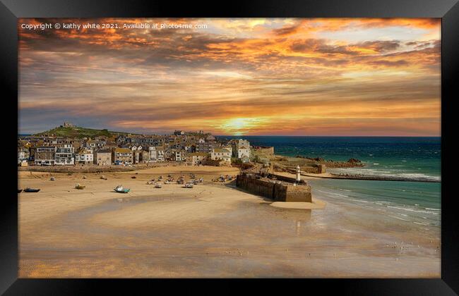 Majestic Sunset at St Ives Harbour Framed Print by kathy white