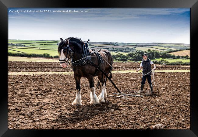  Ploughing the field with a horse Framed Print by kathy white