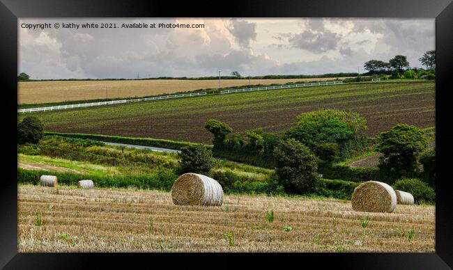 Straw bails waiting to be collected in a field  Framed Print by kathy white
