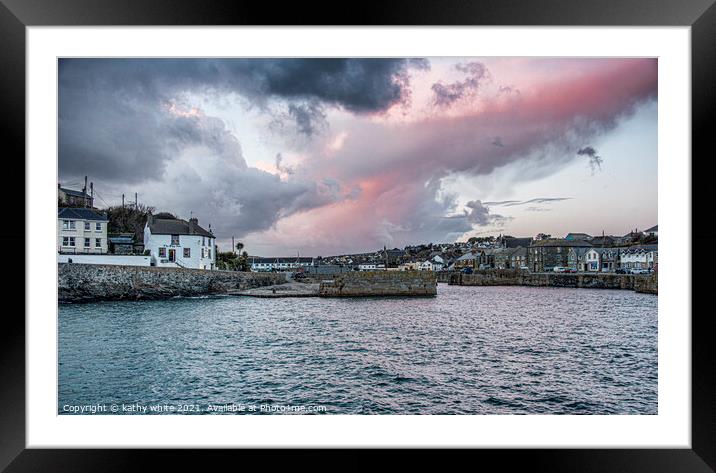 Pink sky in the morning, Porthleven cornwall,ship  Framed Mounted Print by kathy white