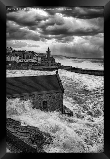 Clock tower Porthleven  Storm force Framed Print by kathy white