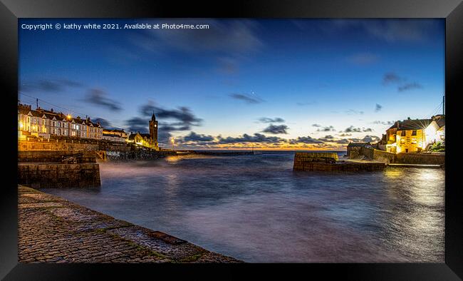  Porthleven at night with clock tower,and ship inn Framed Print by kathy white